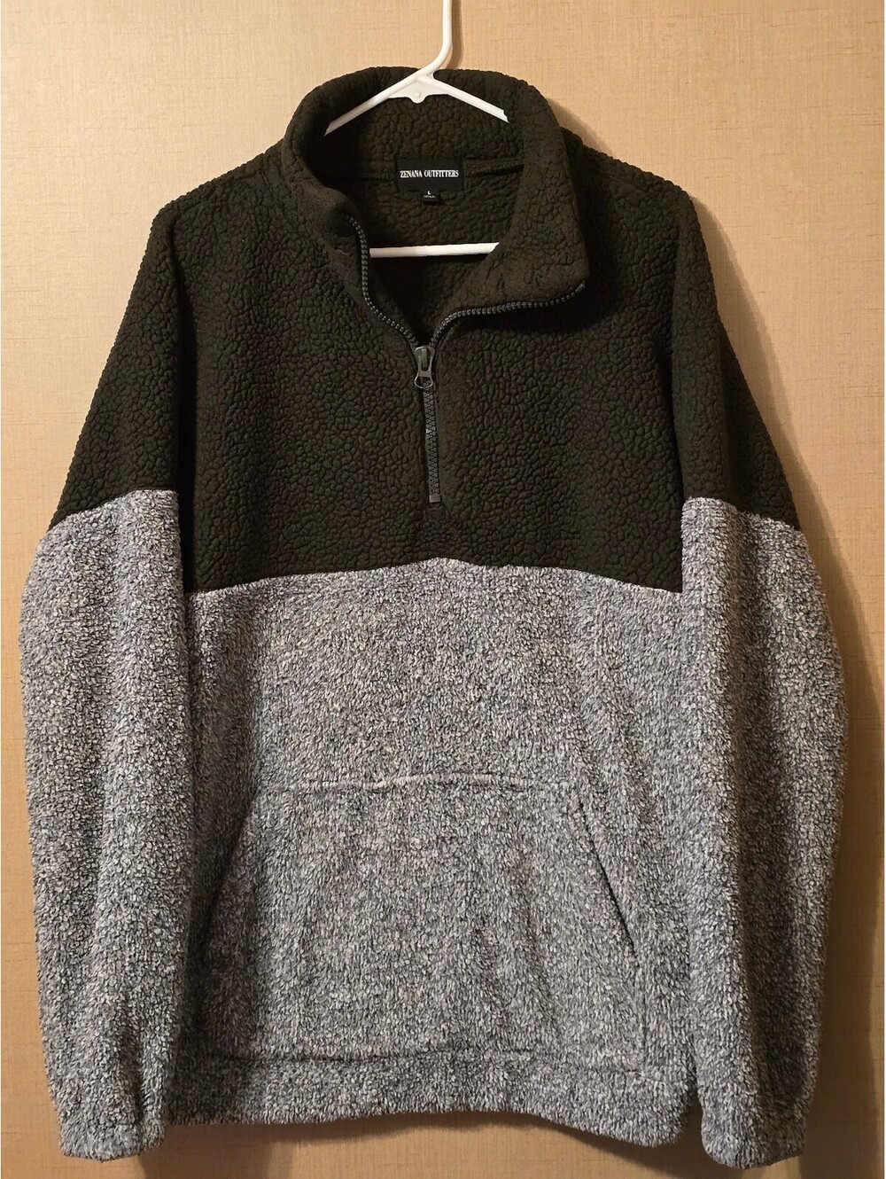 Zenana Outfitters Colorblock Sherpa Quarter Zip Pullover Fleece Grey Olive L
